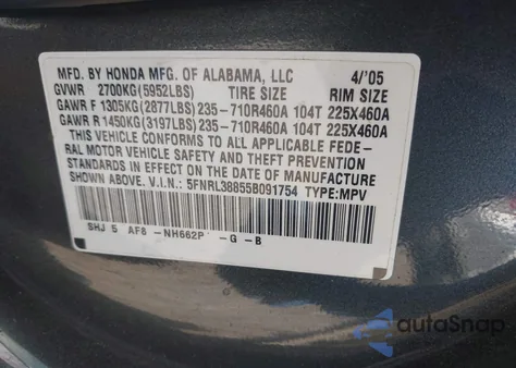 2005 Honda Odyssey Touring z USA, uszkodzony, nr VIN 5FNRL38855B091754